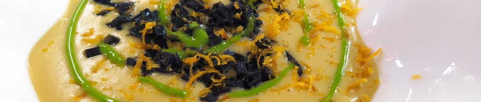 Crema di ceci, ‘Ncucciatieddu di Russello al nero di seppie e bottarga di muggine